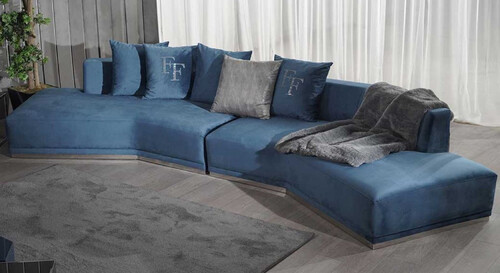 Casa Padrino Luxus Sofa Blau / Silber 480 x 100 x H. 70 cm - Gebogenes Wohnzimmer Sofa - Hotel Sofa - Wohnzimmer M�bel - Hotel M�bel - Luxus M�bel - Luxus Einrichtung