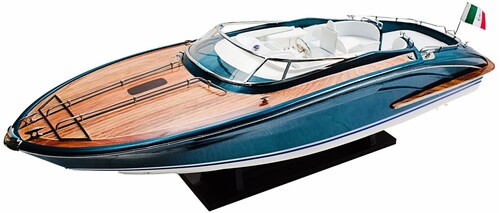 Casa Padrino Luxus Speedboot mit Massivholz St�nder Blau / Wei� / Braun 91 cm - Handgefertigtes Deko Holzboot Modellboot Boot