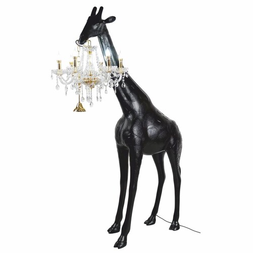Casa Padrino XXL Stehleuchte Giraffe mit Barock Kronleuchter Matt Schwarz / Gold H. 265 cm