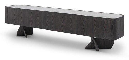 Casa Padrino Luxus TV Lowboard Dunkelgrau / Grau 220 x 42 x H. 52 cm - TV Lowboard mit Travertin - Moderne Wohnzimmer M�bel - Luxus Qualit�t