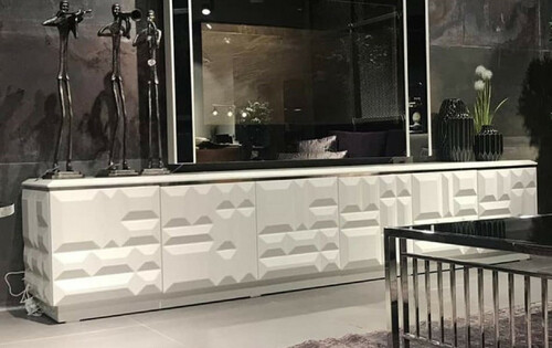 Casa Padrino Luxus TV Schrank Wei� / Silber 270 x 45 x H. 45 cm - Edles Massivholz Sideboard mit 6 T�ren - Luxus M�bel - Luxus Qualit�t