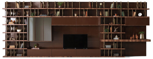 Casa Padrino Luxus TV Schrank Dunkelbraun / Braun / Messing 576 x 60 x H. 224 cm - Riesiger Massivholz Wohnzimmer Schrank - Wohnzimmer M�bel - Hotel M�bel - Luxus M�bel