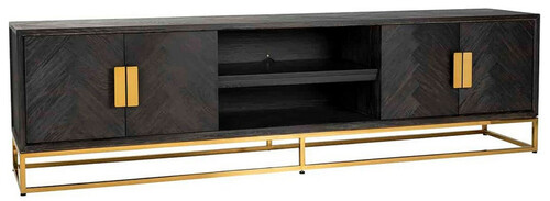 Casa Padrino Luxus TV Schrank Schwarz / Gold 220 x 42,5 x H. 60 cm - Massivholz Sideboard mit 4 T�ren - Wohnzimmer M�bel - Hotel M�bel - Luxus Kollektion