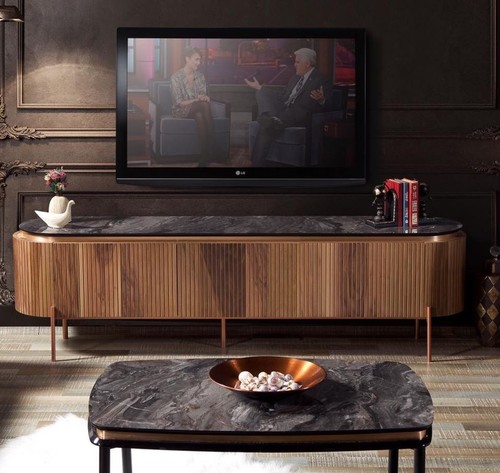 Casa Padrino Luxus TV Schrank Braun / Schwarz / Kupferfarben 208 x 48 x H. 57 cm - Fernsehschrank mit 4 T�ren - Luxus Wohnzimmer M�bel