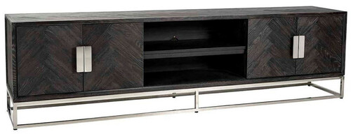 Casa Padrino Luxus TV Schrank Schwarz / Silber 220 x 42,5 x H. 60 cm - Massivholz Sideboard mit 4 T�ren - Wohnzimmer M�bel - Hotel M�bel - Luxus Kollektion