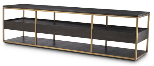 Casa Padrino Luxus TV Schrank Mokka / Messing 220 x 55 x H. 61 cm - Massivholz Sideboard mit 3 Schubladen - Wohnzimmer M�bel - Hotel M�bel - Luxus Kollektion