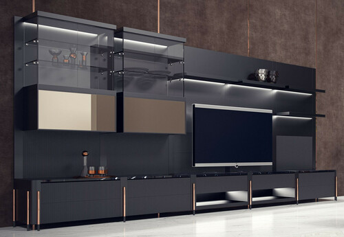 Casa Padrino Luxus TV Schrank Matt Schwarz / Schwarz / Kupfer 452 x 47 x H. 202 cm - Wohnzimmer Schrank mit LED Beleuchtung - Wohnzimmer M�bel - Hotel M�bel - Luxus M�bel