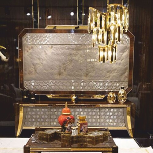 Casa Padrino Luxus TV Schrank Set Braun / Grau / Gold - Sideboard mit TV R�ckwand