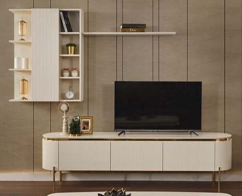 Casa Padrino Luxus TV Schrank Set Wei� / Gold - Wohnzimmer Sideboard mit H�ngeschrank - Wohnzimmer M�bel - Hotel M�bel - Luxus M�bel