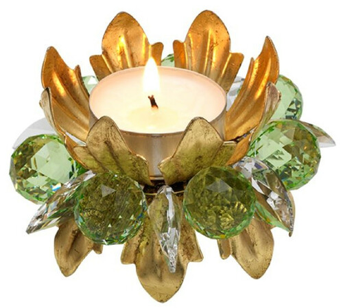 Casa Padrino Luxus Teelichthalter mit Swarovski Kristallglas Gold / Gr�n  9 x H. 6 cm - Luxus Wohnzimmer Deko Accessoires