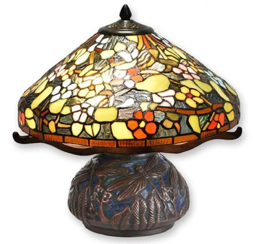 Casa Padrino Luxus Tiffany Tischleuchte Mehrfarbig / Braun  42,3 x H. 40 cm - Runde Tiffany Schreibtischleuchte - Luxus Interior - Luxus Leuchten - Tiffany Leuchten