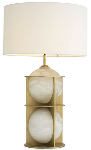 Casa Padrino Luxus Tischleuchte Antik Messing / Alabaster / Wei�  45 x H. 75 cm - Moderne Metall Schreibtischleuchte mit Alabaster Kugeln und rundem Lampenschirm - Luxus Qualit�t