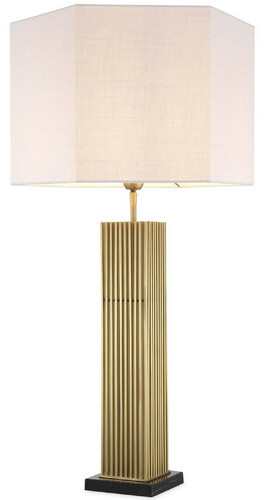 Casa Padrino Luxus Tischleuchte Antik Messingfarben / Schwarz / Wei� 46 x 46 x H. 87 cm - Moderne Schreibtischleuchte mit sechseckigem Lampenschirm - Luxus Qualit�t