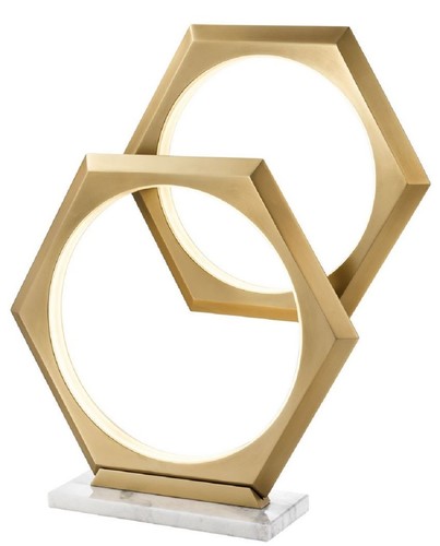 Casa Padrino Luxus LED Tischleuchte Antik Messing / Wei� 52 x 14 x H. 58 cm - Dimmbare Designer Tischlampe mit Marmorsockel - Luxus Kollektion