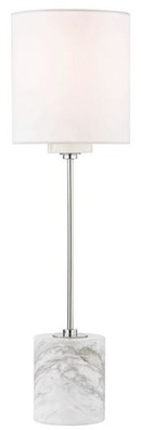 Casa Padrino Luxus Tischleuchte Silber / Wei�  15,9 x H. 55,9 cm - Moderne runde Tischlampe mit Lampenschirm aus Kunstseide und Marmorsockel