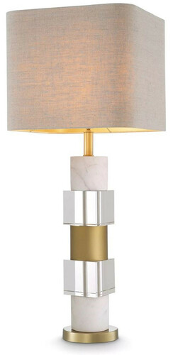 Casa Padrino Luxus Tischleuchte Antik Messingfarben / Wei� / Beige 35 x 35 x H. 87 cm - Schreibtischleuchte mit Marmor und Kristallglas - Luxus Qualit�t