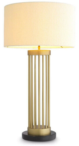 Casa Padrino Luxus Tischleuchte Antik Messingfarben / Schwarz / Wei�  45 x H. 83 cm - Moderne Metall Schreibtischleuchte mit Marmorsockel und rundem Lampenschirm - Wohnzimmer Lampe