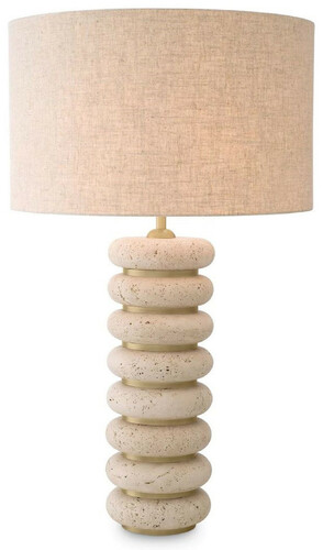 Casa Padrino Luxus Tischleuchte Beige / Antik Messing  50 x H. 85 cm - Travertin Schreibtischleuchte mit rundem Lampenschirm - Luxus Tischleuchten - Luxus Kollektion