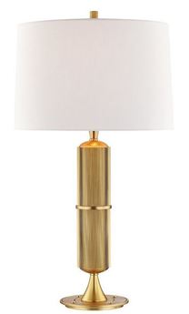 Casa Padrino Luxus Tischleuchte Antik Messing / Wei�  38  x H. 71 cm - Tischlampe mit rundem Leinen Lampenschirm