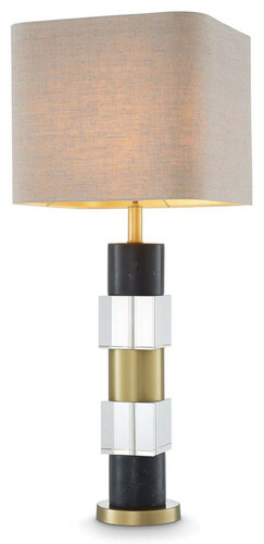 Casa Padrino Luxus Tischleuchte Antik Messingfarben / Schwarz / Beige 35 x 35 x H. 87 cm - Schreibtischleuchte mit Marmor und Kristallglas - Luxus Qualit�t