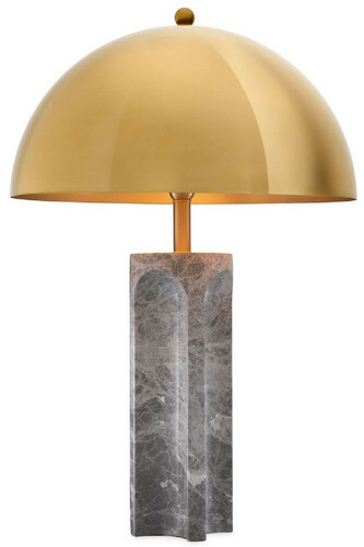 Casa Padrino Luxus Tischleuchte Grau / Antik Messingfarben  50 x H. 76 cm - Moderne Marmor Schreibtischleuchte mit rundem Metall Lampenschirm - Luxus Leuchten
