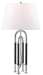 Casa Padrino Luxus Tischleuchte Silber / Schwarz / Wei�  40,6  x H. 73,7 cm - Edle Metall Leuchte mit hochwertigem Leder und Leinen Lampenschirm - Luxus Qualit�t