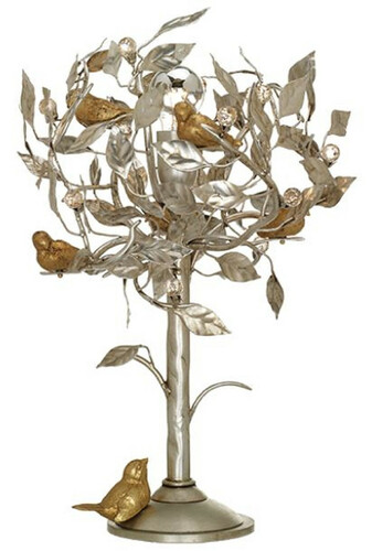Casa Padrino Luxus Tischleuchte Baum & V�gel Silber / Gold  36 x H. 56 cm - Moderne Metall Schreibtischleuchte mit Swarovski Kristallglas - Hotel & Restaurant Leuchte