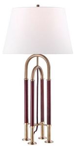 Casa Padrino Luxus Tischleuchte Antik Messing / Braun / Wei�  40,6  x H. 73,7 cm - Edle Metall Leuchte mit hochwertigem Leder und Leinen Lampenschirm - Luxus Qualit�t