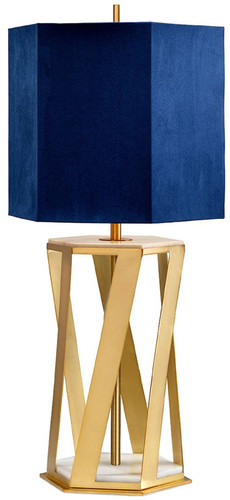 Casa Padrino Luxus Tischleuchte Messingfarben / Wei� / Blau 27,5 x 27,5 x H. 87 cm - Moderne Tischlampe mit Kunstseide Lampenschirm - Luxus Kollektion