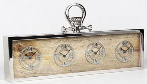 Casa Padrino 4er Tischuhr Silber / Naturfarben 52 x 5 x H. 25 cm - Dekorative Schreibtischuhr - Edle Schreibtisch Deko