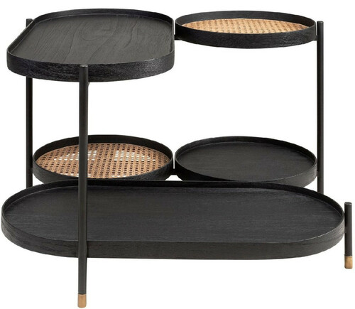 Casa Padrino Luxus Couchtisch Schwarz / Naturfarben / Messing 82,8 x 83,5 x H. 53 cm - Mindiholz & Rattan Wohnzimmertisch mit Stahl Gestell - Wohnzimmer M�bel - Luxus M�bel - Luxus Einrichtung