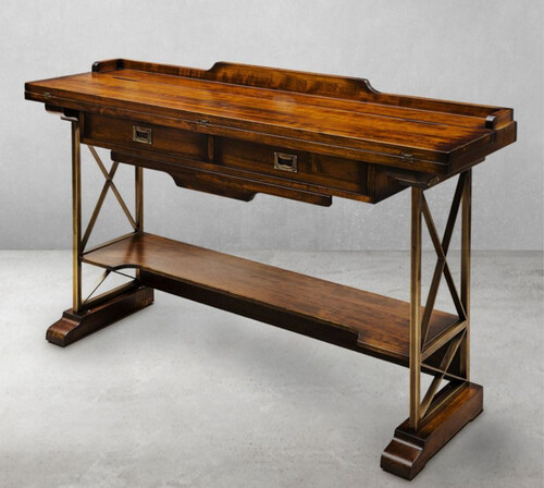 Casa Padrino Luxus Vintage Stil Konsole Braun / Messing 140 x 40 x H. 89 cm - Massivholz Konsolentisch mit 2 Schubladen - Massivholz M�bel - Vintage Stil M�bel - Luxus M�bel