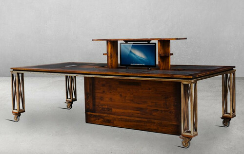 Casa Padrino Luxus Vintage Stil Schreibtisch Braun / Messing / Schwarz 270 x 120 x H. 76 cm - Massivholz B�rotisch mit Rollen - Vintage Stil B�ro M�bel - Luxus B�ro M�bel