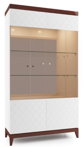 Casa Padrino Luxus Vitrinenschrank Wei� / Hochglanz Braun 111,2 x 45 x H. 205 cm - Beleuchteter Wohnzimmerschrank mit 2 gro�en Glasregalen - Wohnzimmerm�bel
