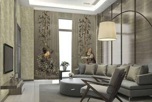 Casa Padrino Luxus Vorhang Set Frauen im Garten Grau / Mehrfarbig 250 x H. 290 cm - Bedruckte Leinen & Samt Vorh�nge - �senvorh�nge - Schiebevorh�nge - Luxus Kollektion