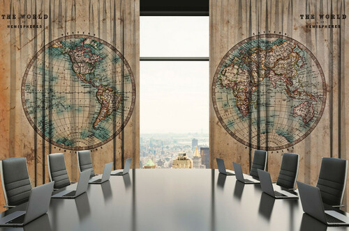 Casa Padrino Luxus Vorhang Set Weltkugel Beige / Mehrfarbig 250 x H. 290 cm - Bedruckte Leinen & Samt Vorh�nge - �senvorh�nge - Schiebevorh�nge - Luxus Qualit�t