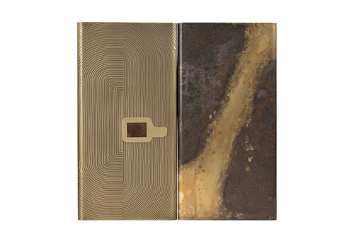 Casa Padrino Luxus Wanddekoration 102 x 5 x H. 101,5 cm - Zweiteiliges Wandrelief Fragment aus Stahl mit Messing im ge�tzten Antik-Messing Finish - Luxus Deko Accessoires