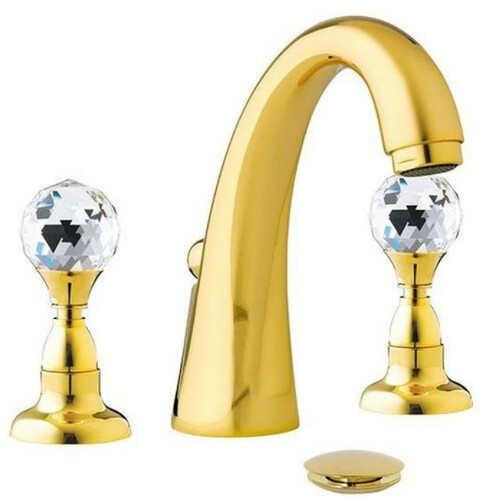 Casa Padrino Luxus Waschtisch Armatur mit Swarovski Kristallglas Gold H. 15 cm - Dreilochbatterie mit Ablaufgarnitur - Luxus Bad Zubeh�r - Made in Italy