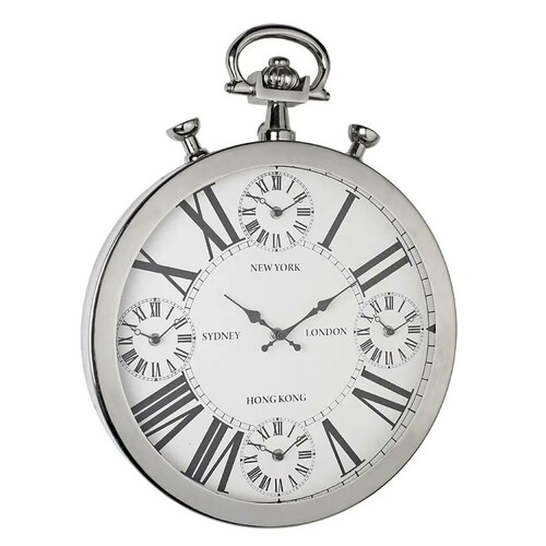 Casa Padrino Luxus Weltzeituhr Silber 40 x 5 x H. 52 cm - Wanduhr im Design einer antiken Taschenuhr