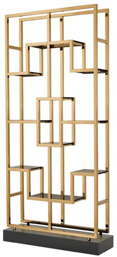 Casa Padrino Luxus Regalschrank Messing / Schwarz 108 x 29 x H. 240 cm - Edelstahl Wohnzimmerschrank mit 10 Glasregalen - Luxus Wohnzimmer M�bel