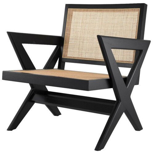 Casa Padrino Luxus Wohnzimmer Sessel Schwarz / Naturfarben 75 x 74 x H. 88 cm - Massivholz Sessel mit Rattangeflecht - Luxus M�bel