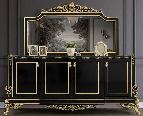 Casa Padrino Luxus Barock M�bel Set Schwarz / Gold - 1 Sideboard mit 4 T�ren & 1 Spiegel - Edle Barock M�bel - Edel & Prunkvoll