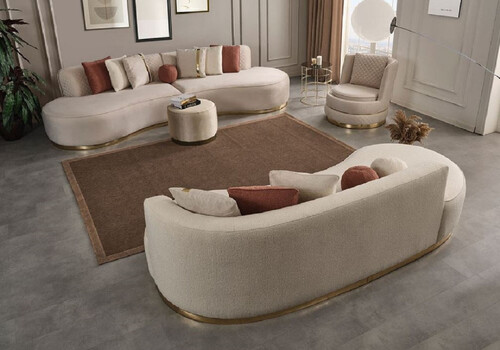 Casa Padrino Luxus Wohnzimmer Set Creme / Gold - 2 Luxus Sofas & 1 Luxus Drehsessel & 1 Luxus Hocker - Wohnzimmer M�bel - Luxus M�bel - Luxus Einrichtung - Wohnzimmer Einrichtung