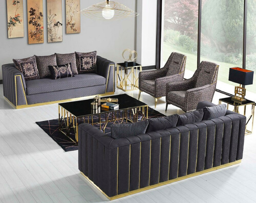 Casa Padrino Luxus Wohnzimmer Set Lila / Gold - 2 Sofas & 2 Sessel & 1 Couchtisch - Moderne Wohnzimmer M�bel - Luxus Qualit�t
