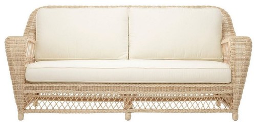 Casa Padrino Luxus Wohnzimmer Sofa mit Kissen Naturfarben / Cremefarben 202 x 99 x H. 97 cm - Gepolsterte Couch mit handgewebtem Rattangeflecht