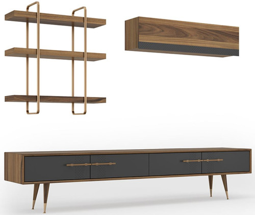 Casa Padrino Luxus Wohnzimmer TV Schrank Set Braun / Grau / Messingfarben - 1 TV Schrank & 1 H�ngeschrank & 1 Wandregal - Edles Wohnzimmer M�bel Set - Luxus M�bel