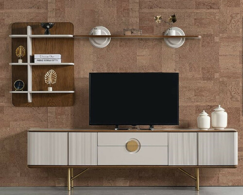 Casa Padrino Luxus Wohnzimmer TV Schrank Set Hellgrau / Braun / Messing - 1 TV Schrank & 1 Wandregal - Wohnzimmer M�bel - Massivholz M�bel - Luxus M�bel - Luxus Einrichtung