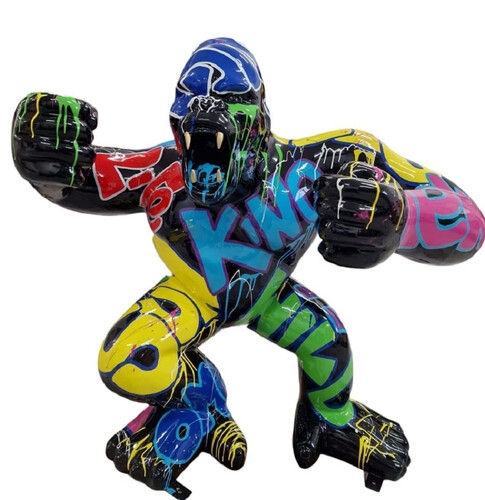 Casa Padrino Luxus XXL Deko Skulptur Gorilla Affe Schwarz / Mehrfarbig H. 85 cm - Gro�e Deko Skulptur - XXL Deko Figur - Luxus XXL Tierfigur