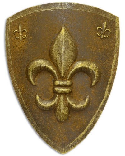 Casa Padrino Metall Ritterschild Franz�sische Lilie Rostfarben / Antik Gold 54 x H. 71 cm - Mittelalter Deko 