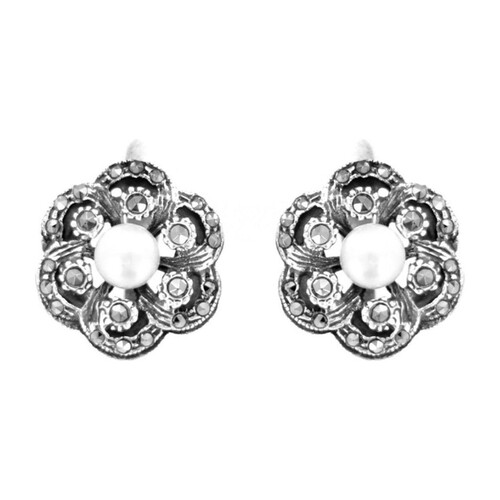 Casa Padrino Ohrringe Blume aus Sterlingsilber mit Markasit und Perle